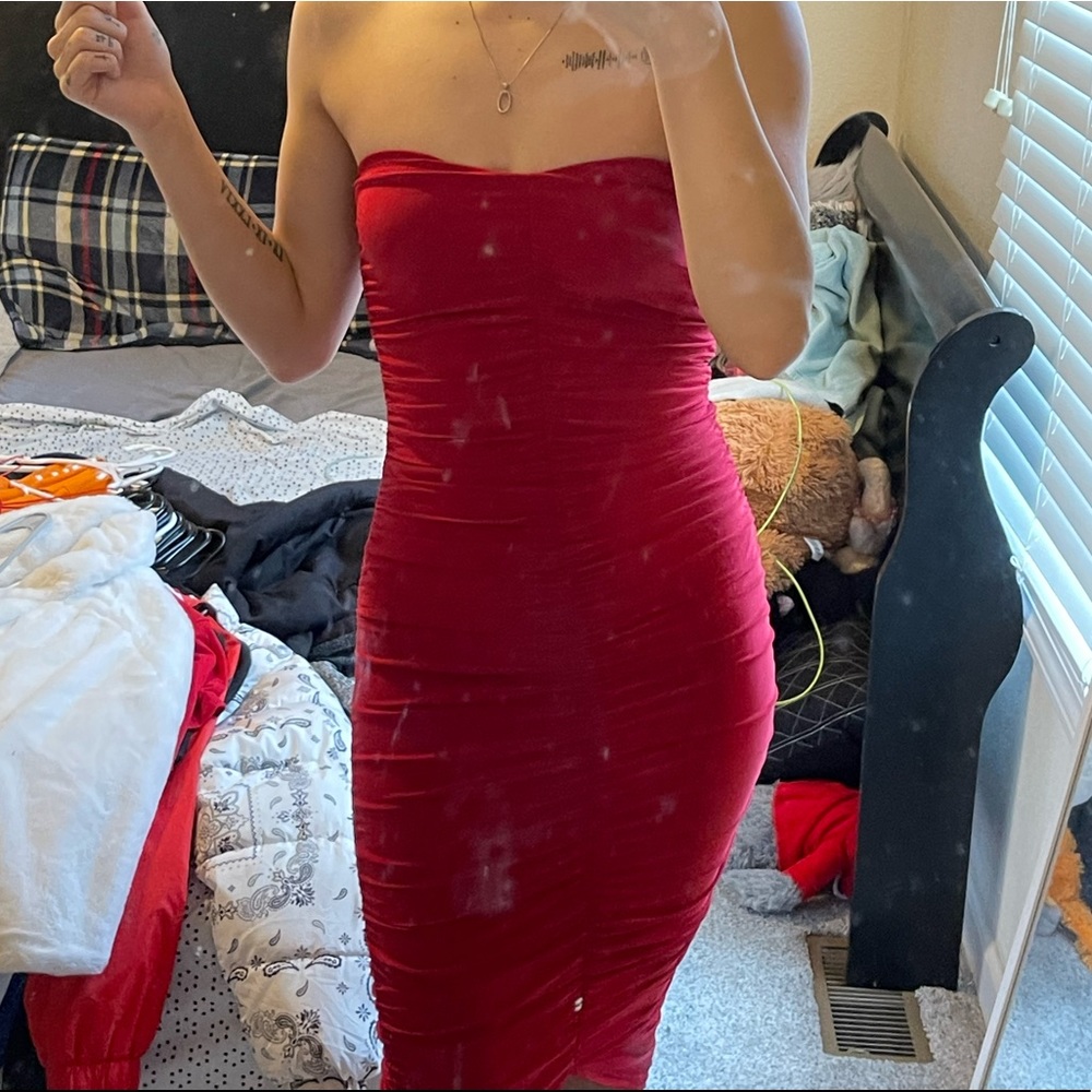 Red Strapless Scrunch Dress.